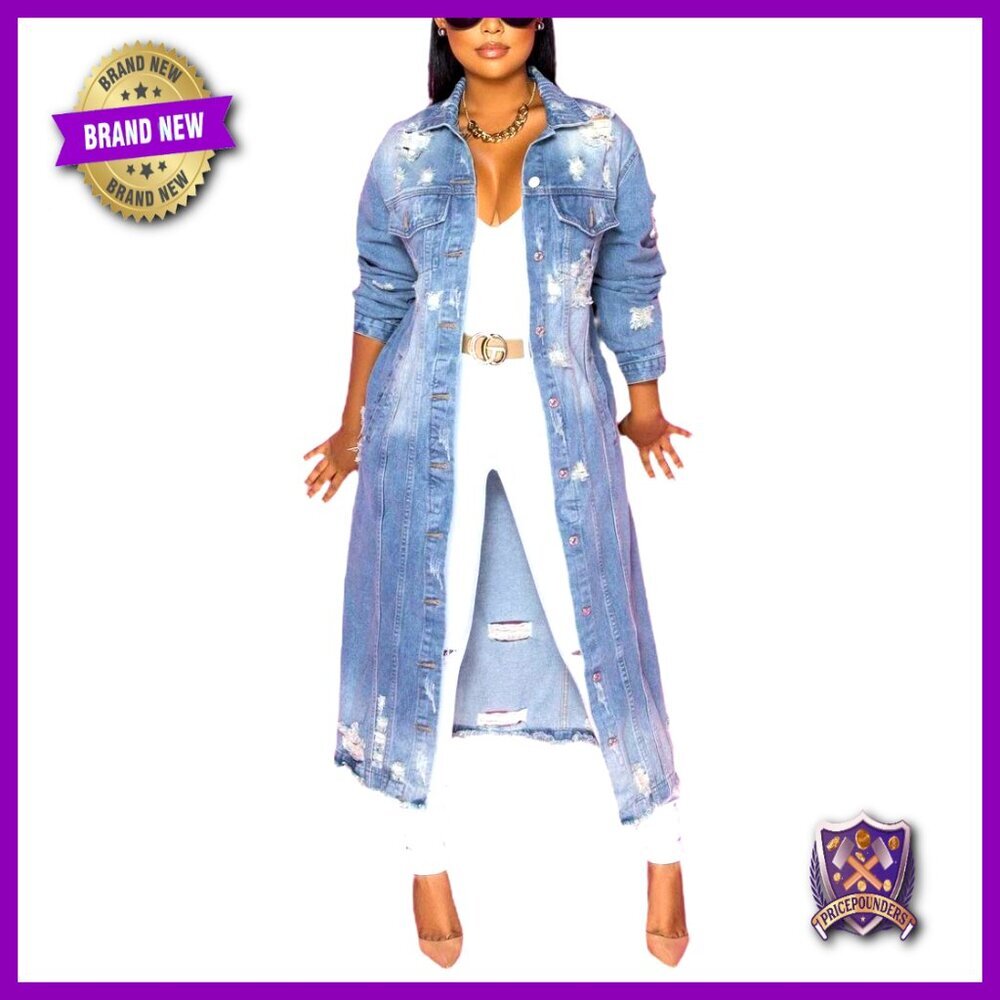 Ripped Holes Maxi Denim Jacket Trench Coat Vintage Y2K Oversized Streetwear